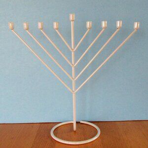 Vintage iridescent white metal Hanukkah menorah - 10.5" - Modernist - Minimalist